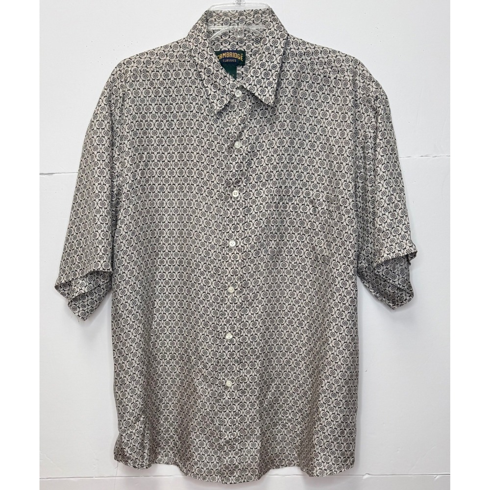 VTG Silk Button Down Shirt L Beige Black Geometric Luxury Resort Coastal Summer